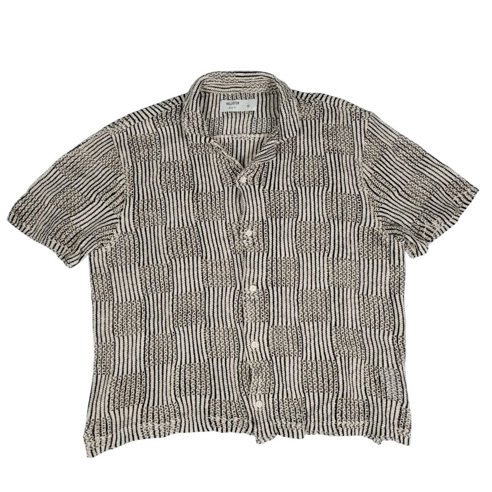 Hollister Button Down Mens Large Tan Excellent Boxy Fit Crochet Knit Striped